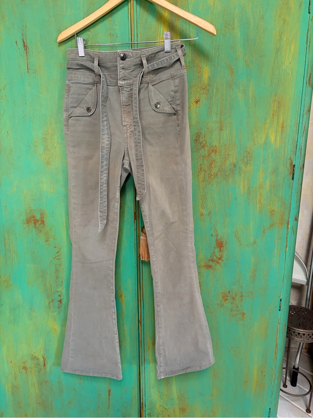 High-Rise Olive Green Flared Women’s Jeans with Tie Waist